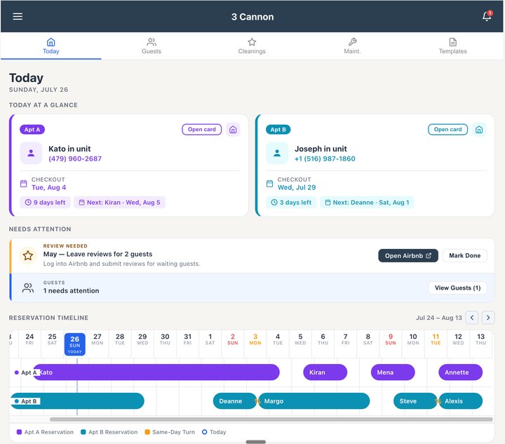 3 Cannon short-term rental operations dashboard showing reservations and tasks